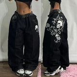 Tineit Street Fashion New Oversized Skull Print Baggy Jeans Women Y2K Harajuku Vintage Gothic High Waist Casual Wide-leg Pants Trousers