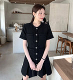 Tineit Small Fragrance Tweed Vestidos Mujer Multi Pockets Dress Korean Vestido Elegant 2025 Woman Dresses Summer Short Sleeve Robes