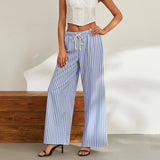 Tineit Women's Y2K Vintage Spring Long Pants Casual Loose Fitting Elastic Low Waist Wide Leg Striped Drawstring Trousers