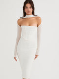 Tineit White Long Sleeve Mesh Corset Cocktail Midi Dress