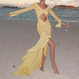 Tineit Beach Vacation Sexy Mesh Sheer Women Dress Ruffles Lace Ruched Bodycon Maxi Dress Elegant Hollow V-Neck Splits Long Sleeve Dress