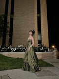 Tineit Pretty Ball Gown Strapless Green Satin Long Prom Dresses With Silver Beads (PRE-ORDER)