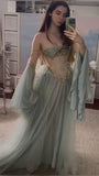 Tineit Princess Strapless Off The Shoulder Long Sleeves Dusty Green Floor Length Long Prom Dresses (PRE-ORDER)