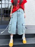 Tineit Y2k White Calf-Length Cargo Pants Women Baggy High Wasit Denim Shorts Safari Style Summer Korean Wide Leg Jeans Female