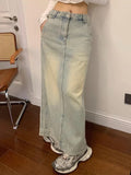 Tineit-Old Washing Long Denim Skirt Women Vintage Streetwear High Waist Split Korean Fashion Maxi Jean Skirt Spring Casual