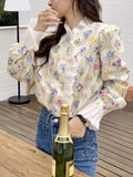 Tineit Sweet Blouse Women Spring Flare Long Sleeve Floral Print Shirt Ladies French Style Elegant Tops Casual Ruffled Collar Blusas