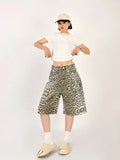 Tineit Women Tan Leopard Print Denim Shorts Y2k Baggy Vintage Streetwear High Waist Jeans Summer Wide Leg Five Points Trouser