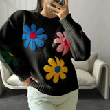 Tineit Crochet Flower Pullover Knitted Sweater Women's Fashion Loose Lantern Long Sleeve Embroidery Knit Top Streetwear Fashion