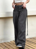 Tineit Shirring Vintage Wide Leg Pants Women Gray High Waist Y2k Streetwear Casual Suit Pants Korean Loose Office Lady Trousers