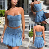 Tineit Denim Dress Sets Strapless Pullover Tops Solid Pleated Mini Skirts Spliced High Waist Skirt Matching Sets Streetwear Autumn