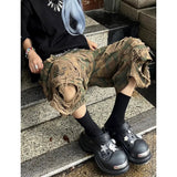 Tineit Women Short Jeans Camouflage American Ripped Y2K Straight Streetwear Wide Leg Pants Female Summer Knee Length Denim Shorts