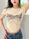 Tineit Graphic T Shirt Women Summer Short Sleeve Sexy Skinny Crop Top Retro Harajuku Y2k Aesthetic Tops Korean Style Streetwear Feamle