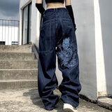 Tineit American Retro Street Loose Embroidered Straight Jeans Women Y2K New Hip Hop Joker High Waist Wide Leg Pants Casual Trend Jeans