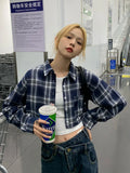 Tineit Plaid Cropped Shirt for Women Long Sleeve Blouse Buttons Cardigans Korean Style 2024 New Spring Summer Clothes Trending