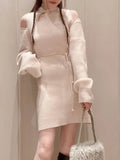 Off Shoulder Knit Vestidos Mujer Japanese Long Sleeve Vestido Lace Up Tunic Dress Disc Button Ropa Mujer Fall Dresses Women