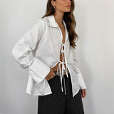 Tineit Hollow Out Lace Up White Cotton Linen Shirt Women's Long Sleeve Loose Casual Sexy Lapel Cardigan Top Female Summer new