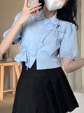 Tineit Crop Top Women Summer Puff Sleeve Blouse Korean Fashion Blue Shirts Female Hollow Out Shirt Sweet Girl Slim Blusas Para Mujer