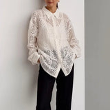 Black Friday Tineit Retro Lace Hollow Shirt Office Woman Long Sleeve Top Loose Sexy See Through Lapel Button Shirt Female Fashion 2024 Fall