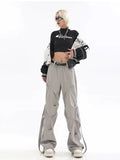 Tineit Y2K Pleated Grey Cargo Pants Women Streetwear Korean Oversize Wide Leg Baggy Pants Hip Hop Jogger Trousers Elastic Waist