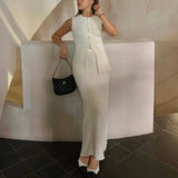 Tineit Summer Fashion Knitted Skirt Suit Sleeveless Vest Pocket Slit High Waist Long Skirt Elegant White Ribbed Knitwear Outfits