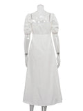 Tineit White Square Collar Puff Sleeve Long Dress For Women Slim A-Line Twist Hollow Out Cotton Elegant Dresses Autumn Fashion