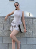 Tineit Slim Frill Tank Mini Dress For Women Summer New Party Club Vestido Sexy Sleeveless Patchwork Dresses Lady Pullover Solid