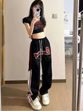 Tineit Y2k Striped Vintage Baggy Sweat Pants Women High Waist Hippie Star Embroidery Trousers Casual Streetwear Oversize Pants