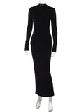 Black Friday Tineit Half Turtleneck Long Sleeves Maxi Dress Fashion Office Lady Clothing Back Slit Gown Dress Female Solid Streetwear Autumn