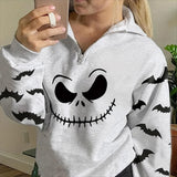 Tineit Joskka Halloween Smiling Face Bat Print Women Sweatshirt Zipper Lapel Top Autumn Long Sleeve Fashion Casual Halloween Sweatshirt