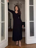 Black Friday Tineit Retro V Neck Knitted Dress For Women 2024 Autumn Winter Rib Sweater Long Dress Elegant Bodycon Flare Sleeve Clothes Lady