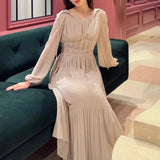 Tineit  V-neck Pleated Vestidos Japanese Vestido High Waist A-line Women 2025 Dresses Elegant Temperament Dress Autumn New Clothing