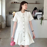 Tineit Small Fragrance Tweed Vestidos Mujer Multi Pockets Dress Korean Vestido Elegant 2025 Woman Dresses Summer Short Sleeve Robes