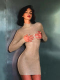 Tineit Glitter Mesh See Through Dress For Women Fashion Long Sleeve Slim Fit Sexy Beach Party Cover Up Mini Dresses Female New