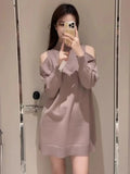 Tineit Belt Tunic Vestidos Off Shoulder Long Sleeve Dress Half-high Collar Dresses Lace Up Knit Vestido Japan New Loose Ropa Mujer