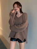 Tineit Brown V-neck Sweaters Autumn Retro Knitted Jumper Tops Y2K Harajuku Casual Women Basic Loose Pullover Korean Style 2024