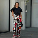 Tineit Two Pieces Pant Sets Print Pullover Tops Wide Leg Pants Loose Casual Women Matching Sets Ruffles 2024 Pockets Ankle Length