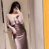 Tineit  Japanese Sleeveless Vestidos Mujer Sexy Strap Dress Spring Satin Dresses Women Elegant Ropa Mujer with Sweater Cardigan