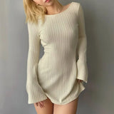 Tineit Solid High Quality Knitted Backless Dresses for Women Autumn Winter 2024 Elegant Long Sleeve Bodycon Mini Dress Casual