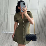 Black Friday Tineit Metal Button Knitted Short Sleeve Dress Women's Retro Elegant Mini Sweater Dresses Solid Color Club Party Vestido Female