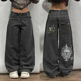 Tineit Streetwear New Harajuku Retro Straight High Waist Casual Jeans Y2K Fashion Washed Blue Pocket Baggy Jeans Gothic Wide Pants