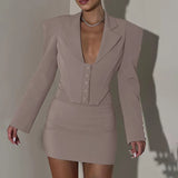 Black Friday Tineit Fall New Mini Skirt Suit Long Sleeve Lapel Fishbone Top Hip-Covering Skirt Sexy Bodycon Two-Piece Commuting Sets Female