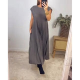 Tineit-Pleated Dress O Neck Sleeveless Women Ankle Length Dresses Pullover Folds Solid Color Casual Loose Fit Vestidos 2024 Basics