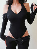 Tineit Off Shoulder Black Bodysuit Women Long Sleeve V Neck Backless Skinny Sexy Tops Ladies Party Clubwear Bodycon T Shirt Y2K Clothes