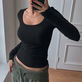 Tineit Spring Autumn Long Sleeve Scoop Neck Solid Color T-Shirt Women Slim Fit Crop Tops Female Casual Basic Pullovers Tees Streetwear