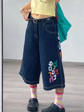 Tineit Letter Print Jorts Women Y2K Baggy Vintage American Streetwear Wide Leg Knee Length Jeans Harajuku Summer Denim Shorts