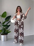 Tineit Women Two Piece Sets Print Pant Set Cardigan V Neck Half Sleeve Shirt Tops Loose Casual Long Wide Leg Pants Summer 2024