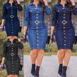 Tineit New Denim Dress Women Lapel Slim Fit Elegant Pencil Dresses Long Sleeve High Waist Singl-Breasted Jeans Vestidos Largos Mujer