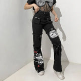 Tineit American New Trend Girl Cool Handsome Street Shooting Printing Japanese Button Jeans Strap Fried Street Subculture Pants Female