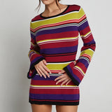 Tineit Sexy Backless Tie-up Long Sleeve Dress Chic Women Elegant Lady Knitted Striped Mini Dress Summer Beach Holiday Club Party