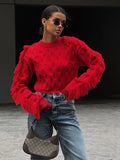 Tineit Splice Tassel Short Knitted Top Female Solid Slim Fit Long Sleeves Fashion Pullover Sweater Women's Autumn Winter Casual